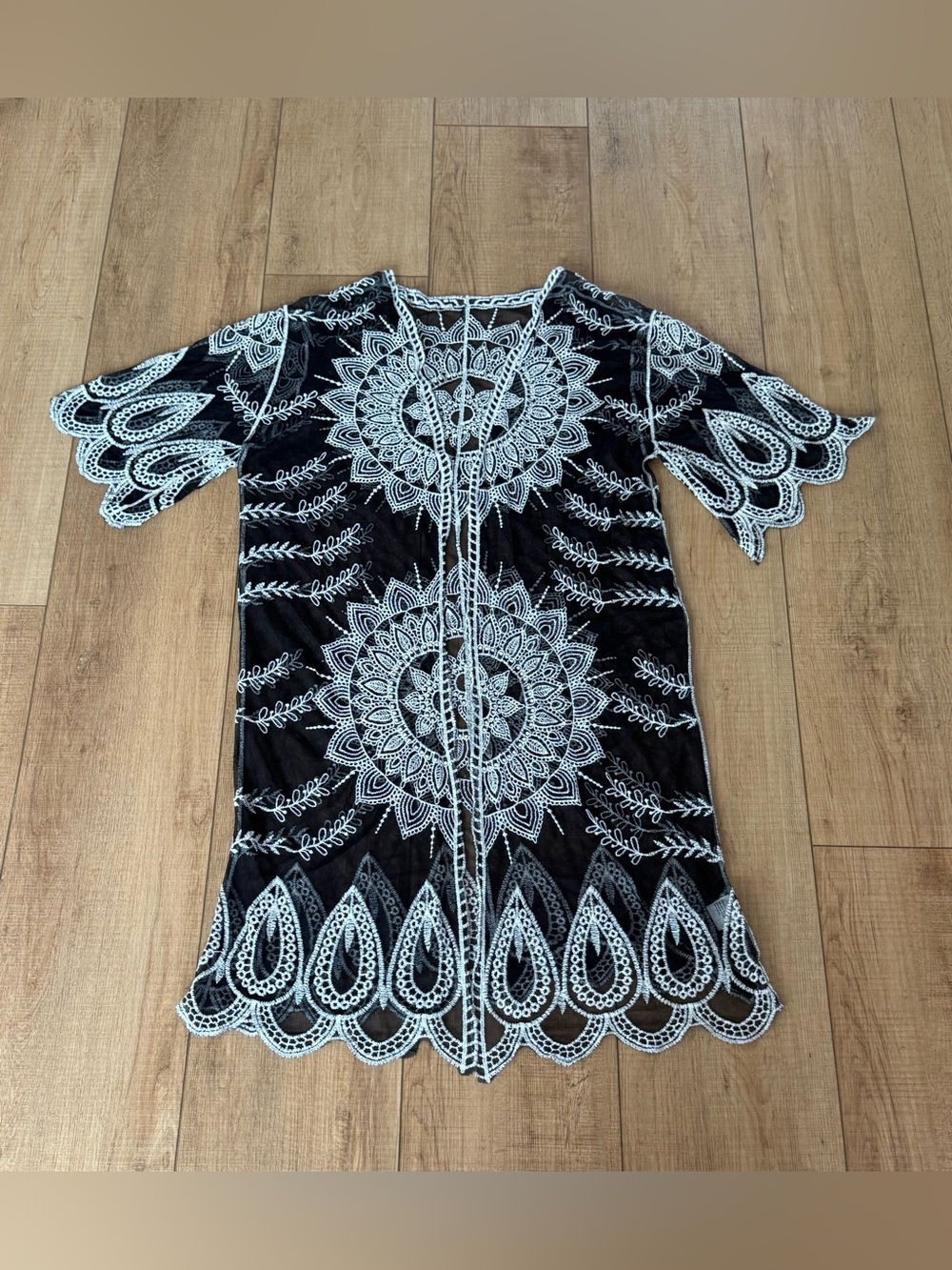 Rebellion Again Black White Embroidered Sheer Kimono Cover Up Boho Large